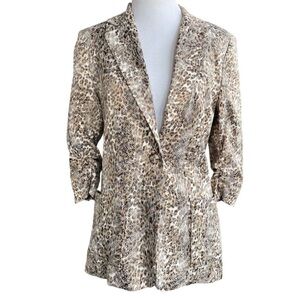 Alberto Makali Leopard Print Blazer Women 6 Ruched 3/4 Sleeve USA Vintage Jacket